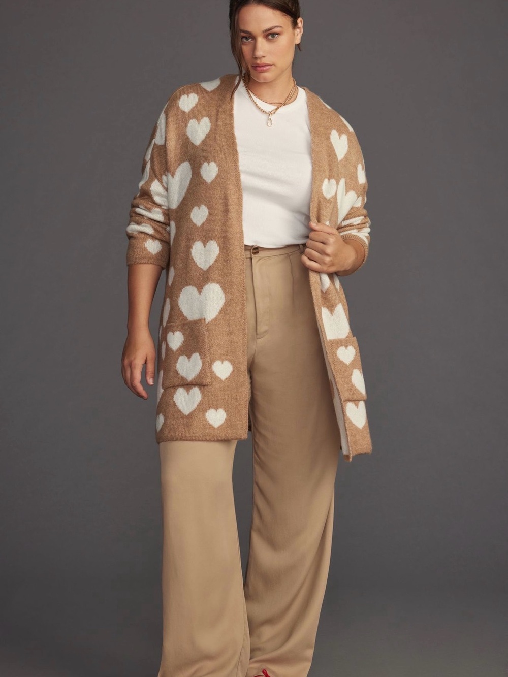 Maeve Tan Cardigan with White Heart Pattern